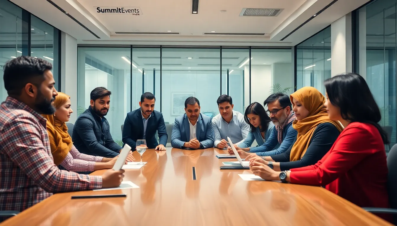 A diverse team of event planners collaborating around a large table in a modern office in Gurugram, India.