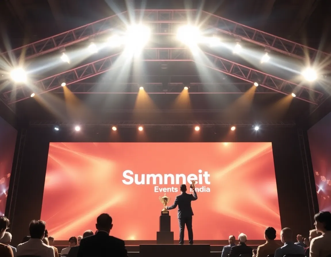 A glamorous awards ceremony stage with a winner accepting a trophy under bright spotlights and a large LED screen background.