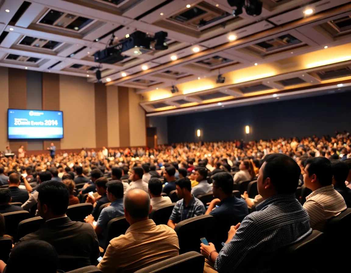 A packed auditorium during a keynote speech at a major tech conference in Bangalore, India.