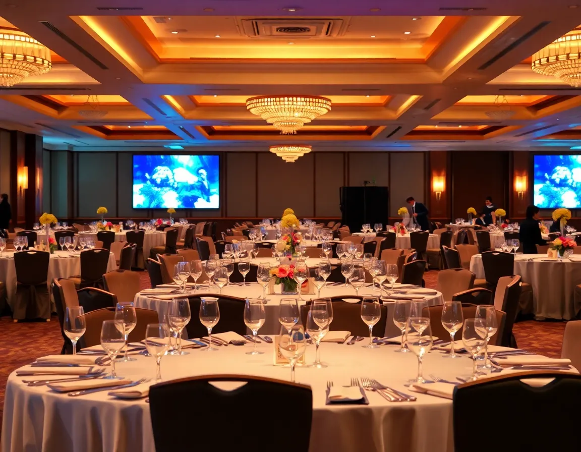 An elegant corporate gala dinner with beautifully decorated tables and ambient lighting in a hotel in Mumbai.