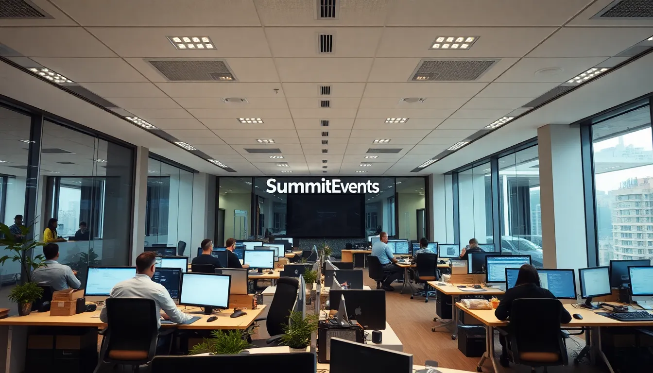 The modern, bustling office of SummitEvents India in DLF Cyber City, Gurugram, with employees at work.
